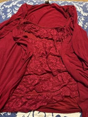 Deb Burgundy Stretch Knit Top with Lace Trim